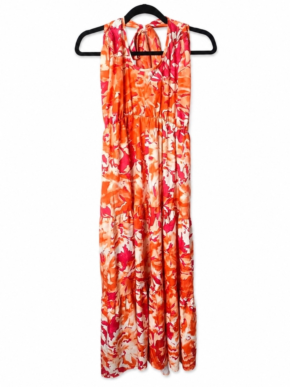 Floral Halter Maxi Dress Orange Pink Abstract Print Sleeveless Tiered Medium